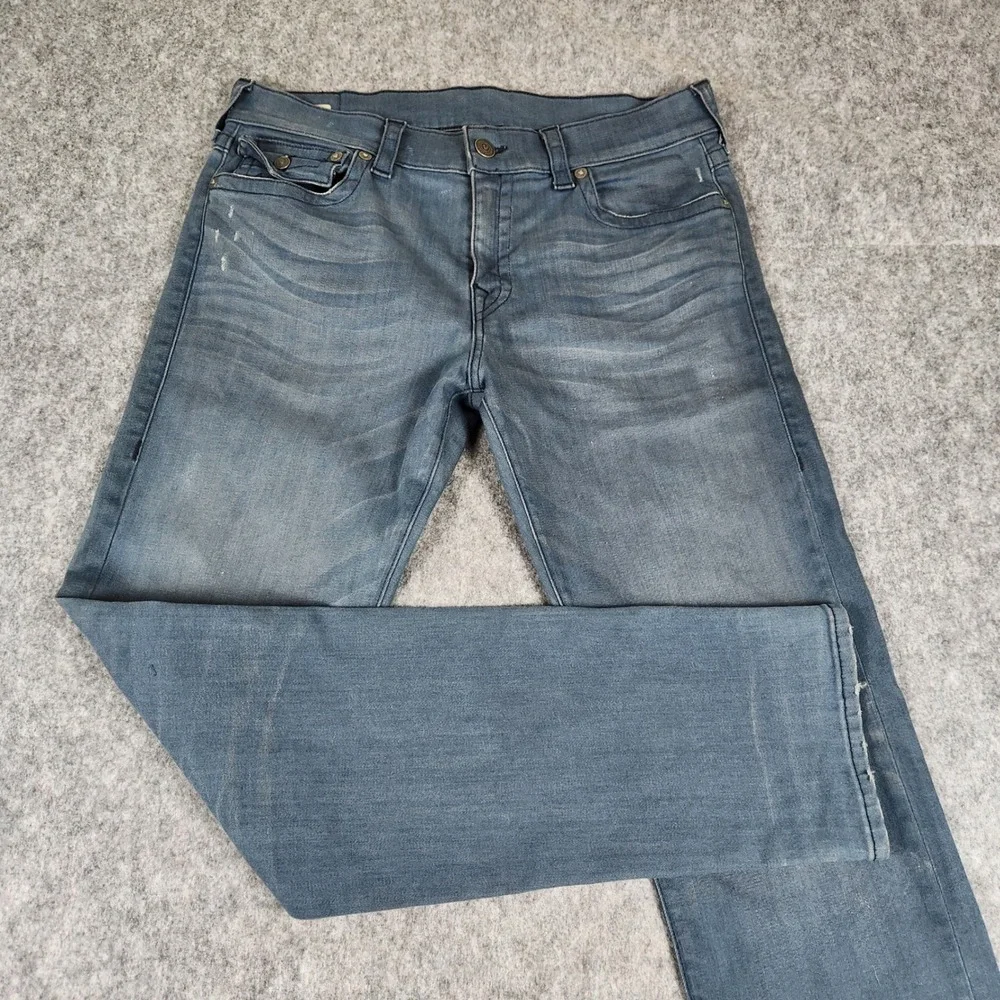 True Religion Geno Relaxed Slim Jeans Men 34x32 Blue Denim Distressed Flap USA‎