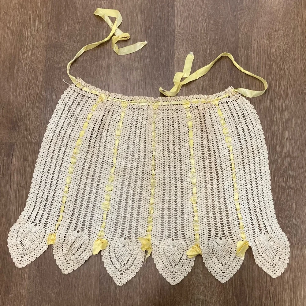 Vintage Hand Made Crocheted Half Apron Cream And Yellow