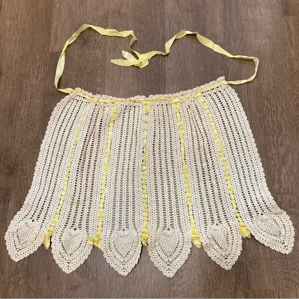 Vintage Hand Made Crocheted Half Apron Cream And Yellow