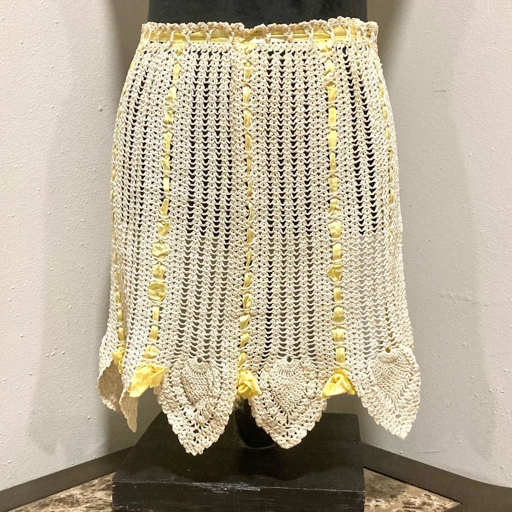 Vintage Hand Made Crocheted Half Apron Cream And Yellow