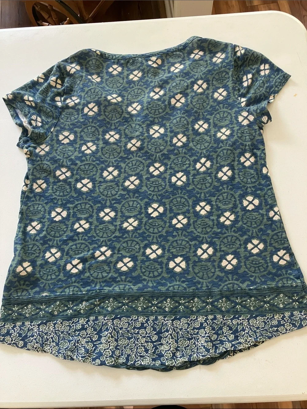 Lucky Brand Teal Blue Printed Split-Neck Tunic Top