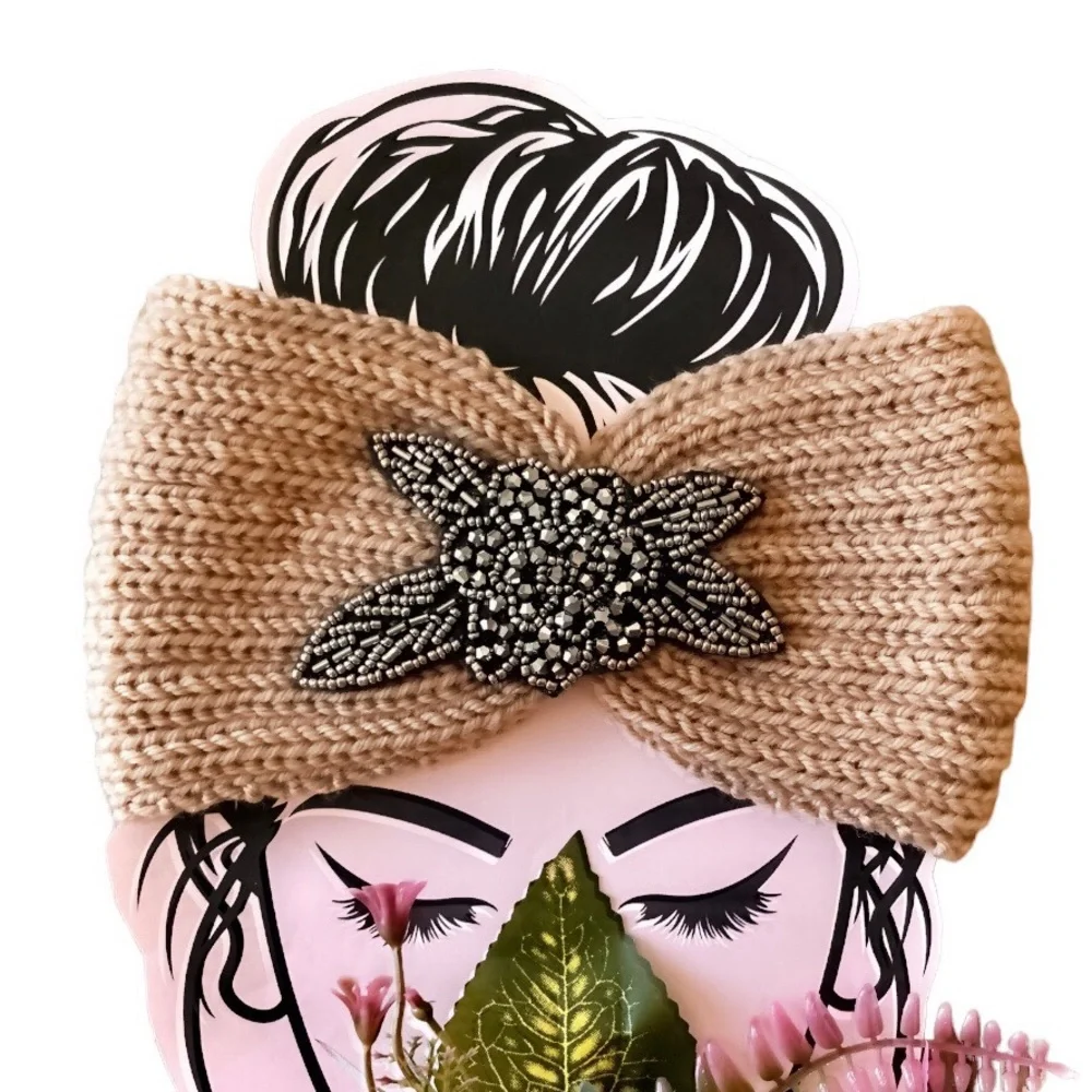Tara Blooming elegance Knitted Headband feat‎ Flower shaped Gems Onyx Accents