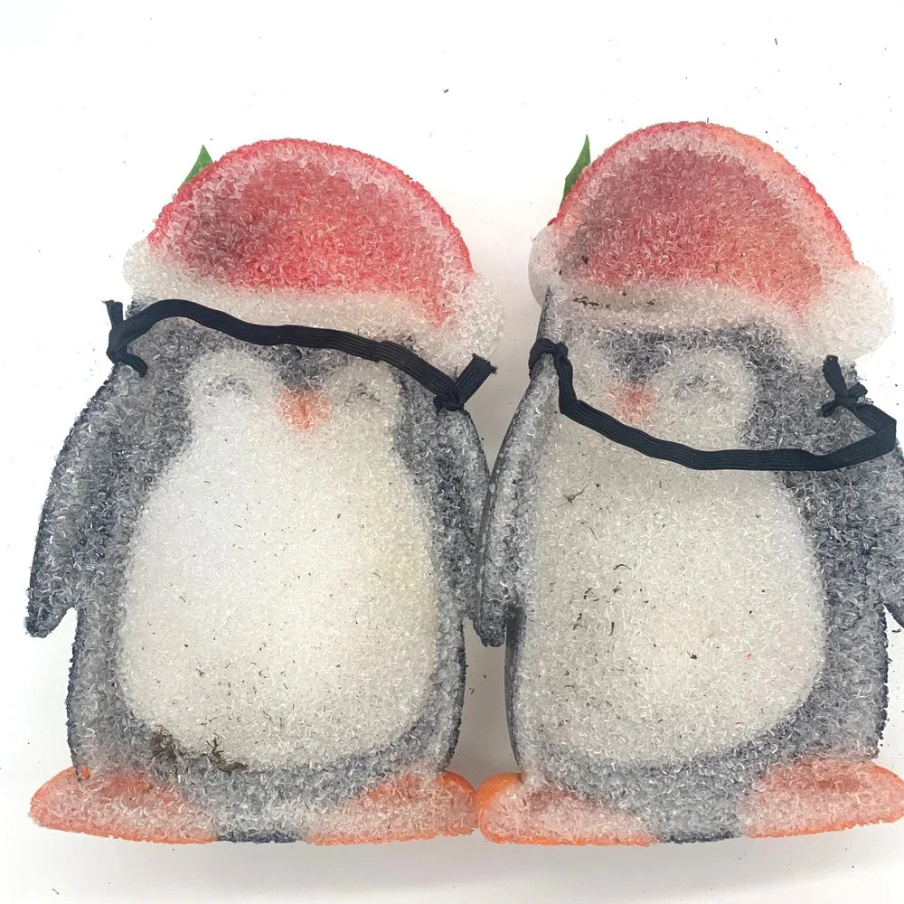 Vintage Melted Plastic Popcorn Penguin Christmas Decor Pair Matching 12in Retro