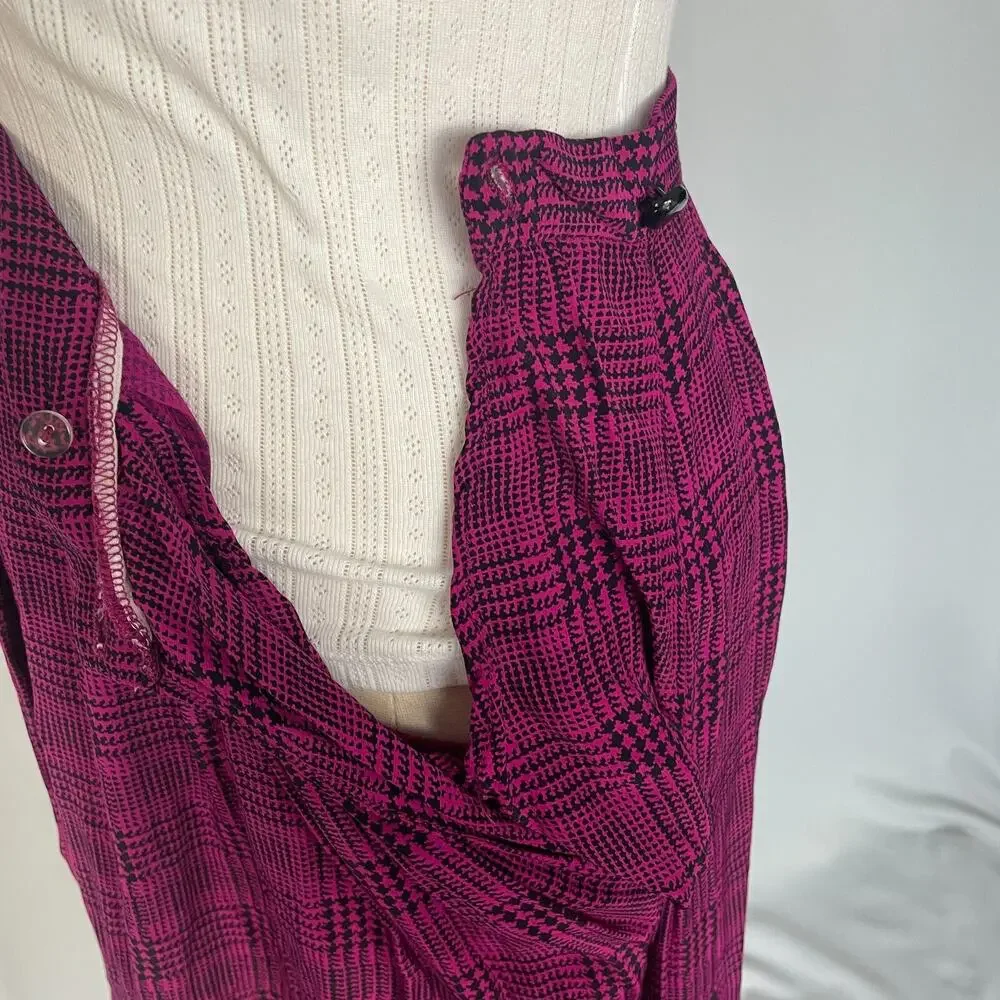 Vintage Pleated Skirt Size 8 Burgundy Black Houndstooth Midi Preppy Academia 90s