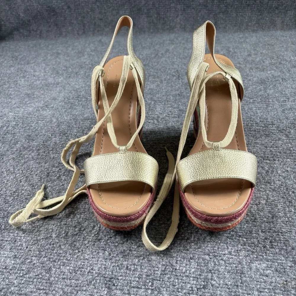 Kate Spade Gold Espadrille Wedge Sandals Women's 9M Lace Up Rainbow Boho 5