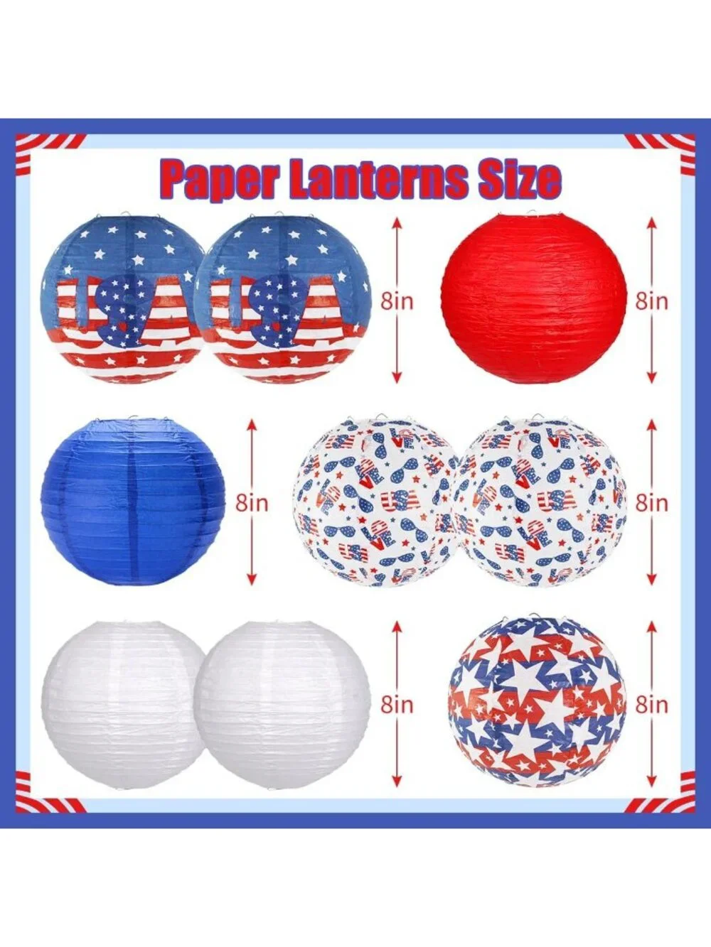 Patriotic Red White Blue Hanging Paper Lanterns - 10 Pack for 4th of July Decor