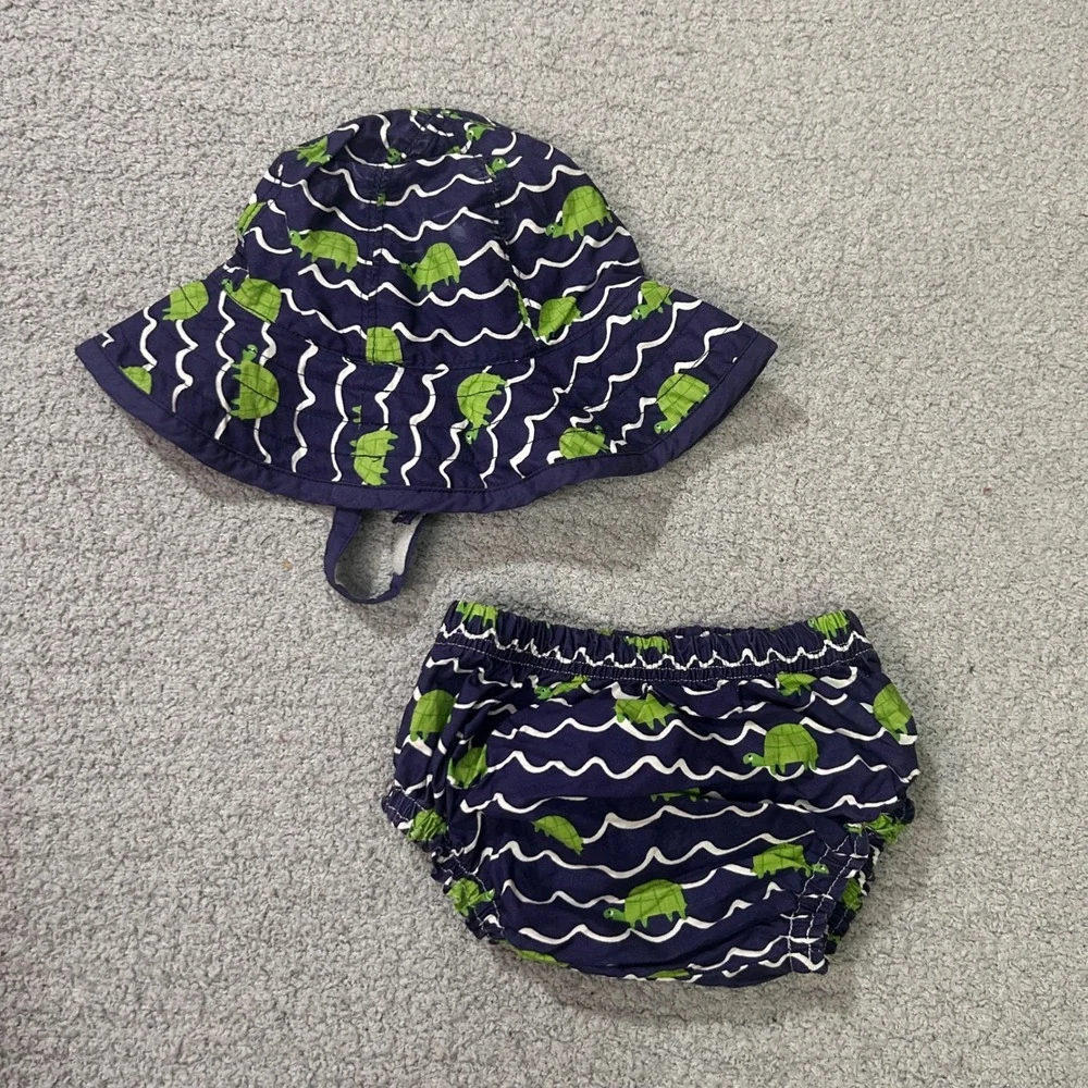 Pottery Barn Kids Sun Hat Diaper Cover 6-12M Navy Blue Turtle Coastal Beach Baby
