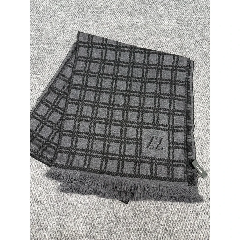 Z Zegna 100% Wool Scarf Wrap Men's Gray Black Plaid Fringe Edge Italy