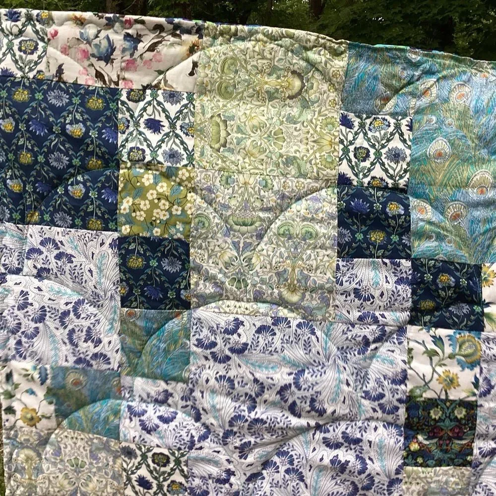 NWT. Hand Crafted Blues and Greens Gardens Quilt with Liberty Lawn Fabrics