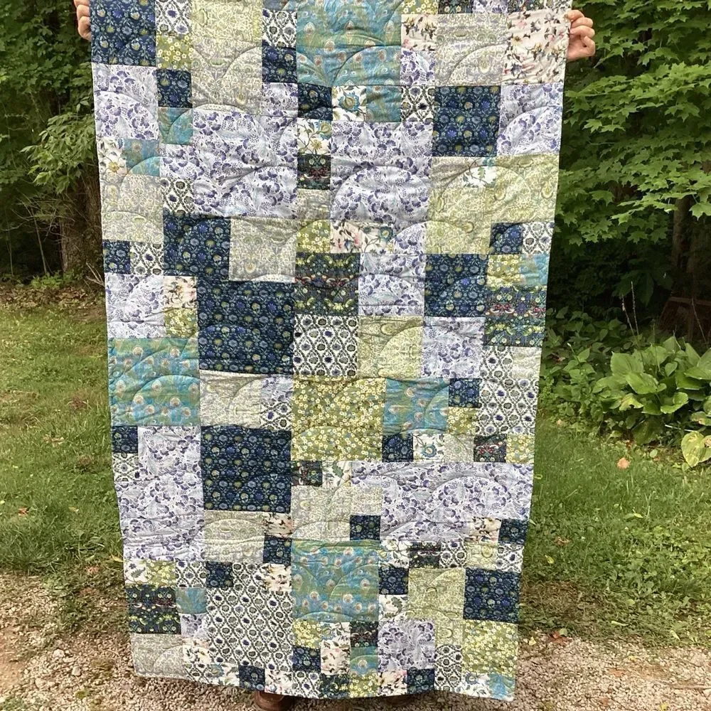 NWT. Hand Crafted Blues and Greens Gardens Quilt with Liberty Lawn Fabrics