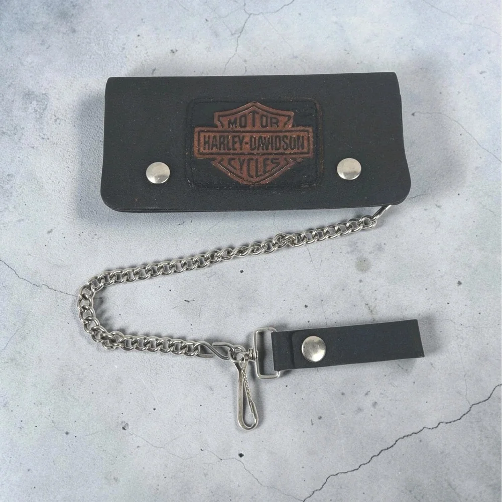Vtg 80s Harley Davidson Black Leather Wallet w Patch Logo & 12