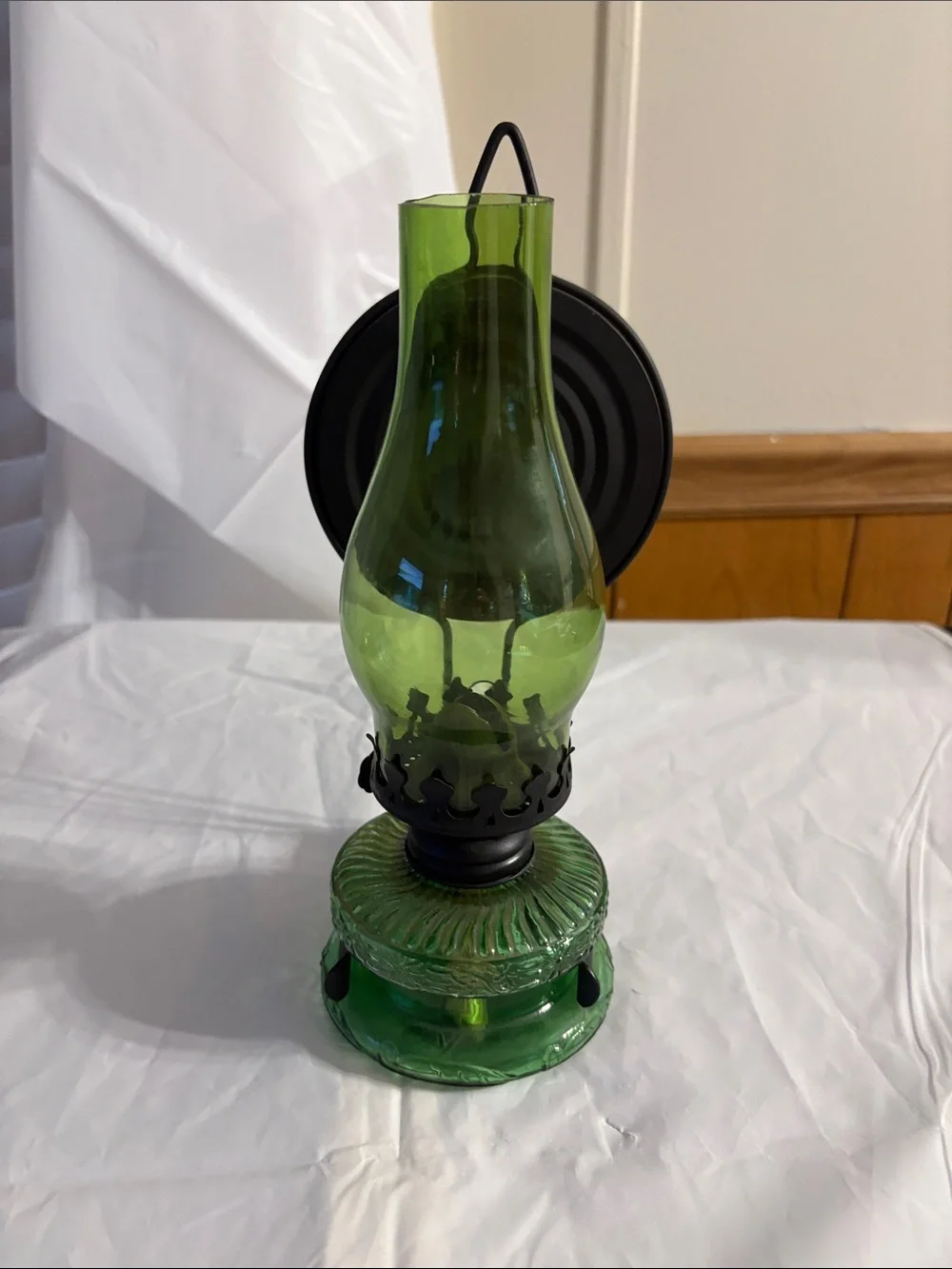 Green Glass Oil Lamp Home Accent - Unbranded 9”