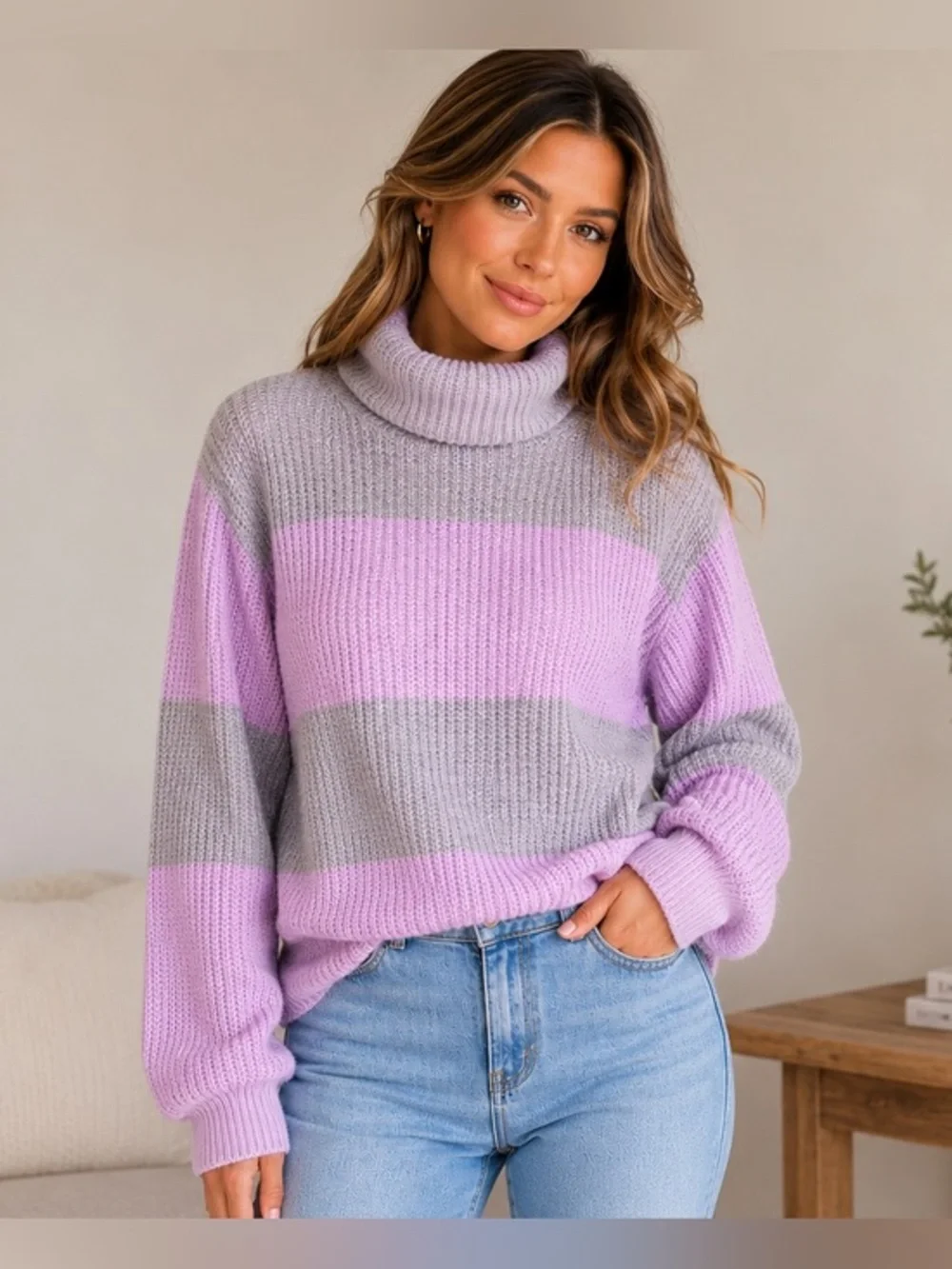 PrettyLittleThing Color Block Turtleneck Sweater Large Lilac Gray Oversized Knit