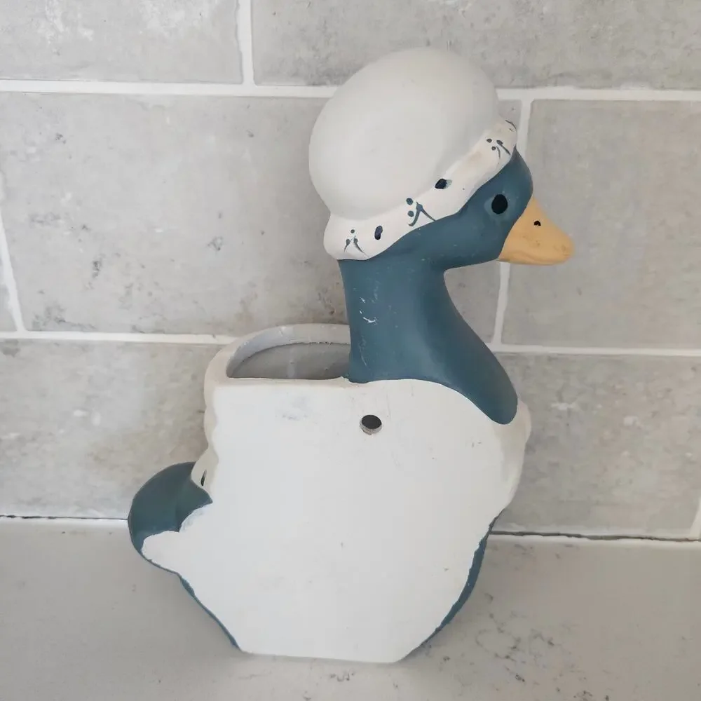 Vintage Country Goose Ceramic Wall Planter Blue White Figurine Mother Goose