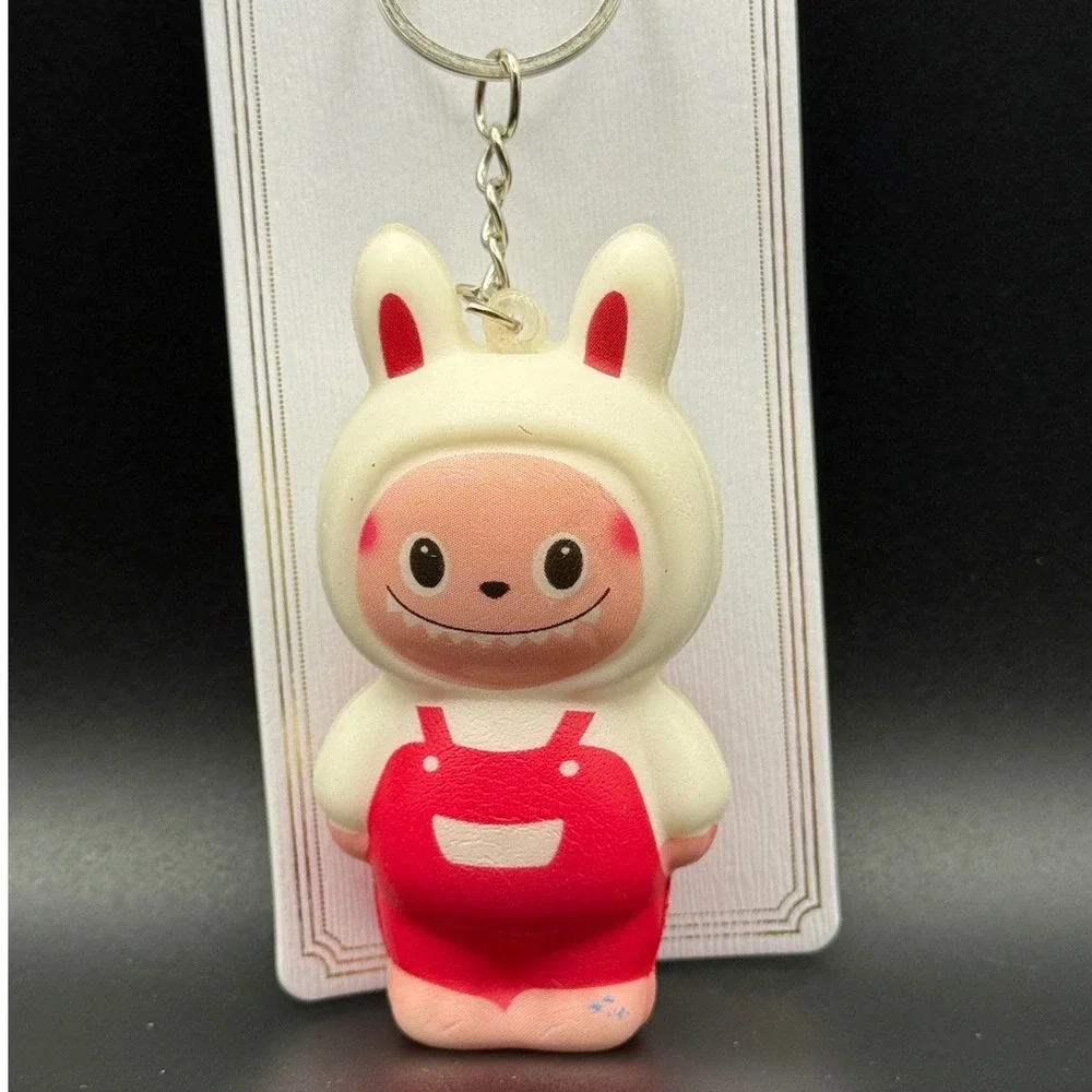 Kawaii‎ Squishy Bunny Costume Character Keychain Red Overalls Bag Charm