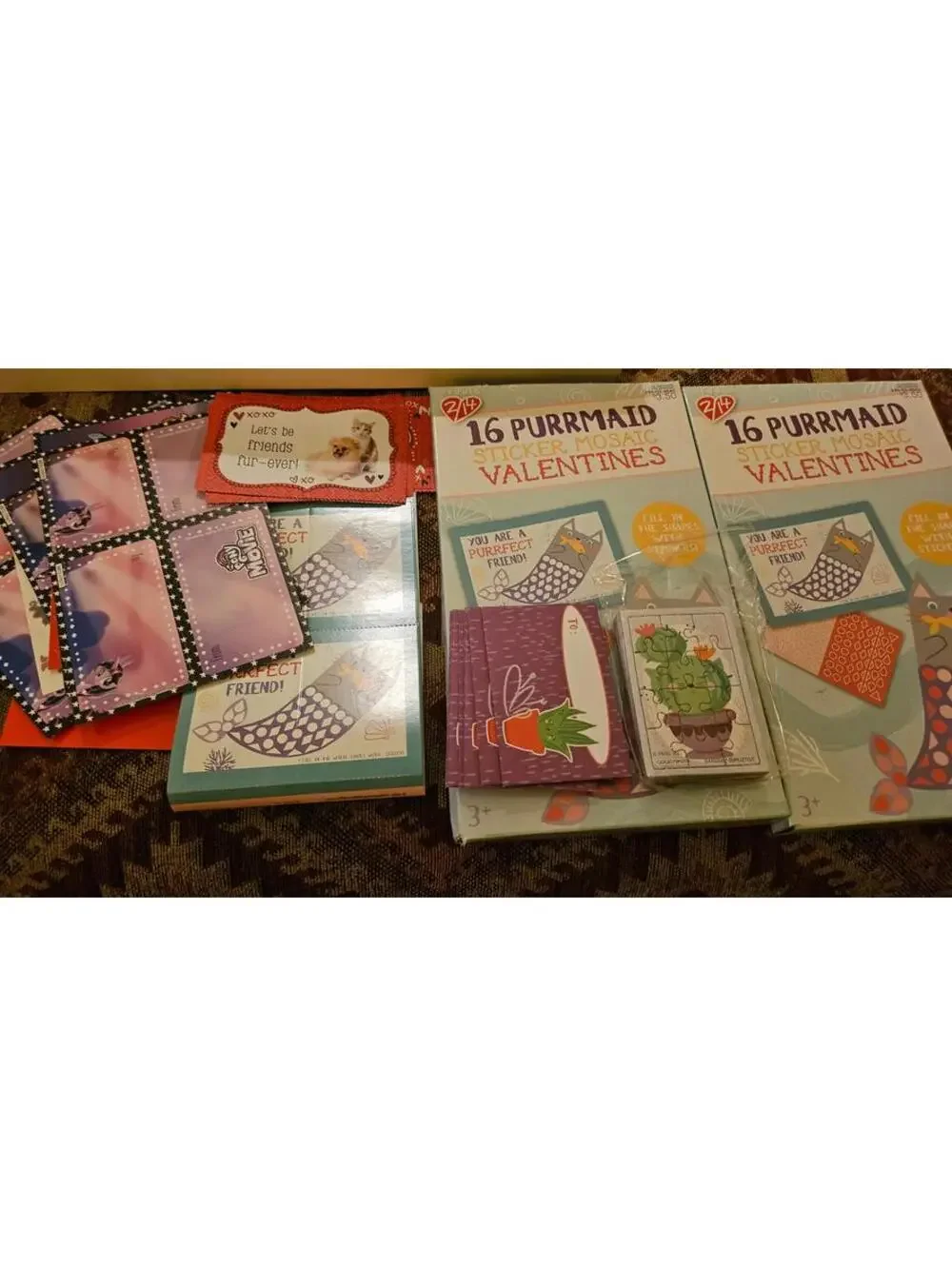 Approximately 30 new valentine's cards & prizes. Purrmaid, my little pony,cactus