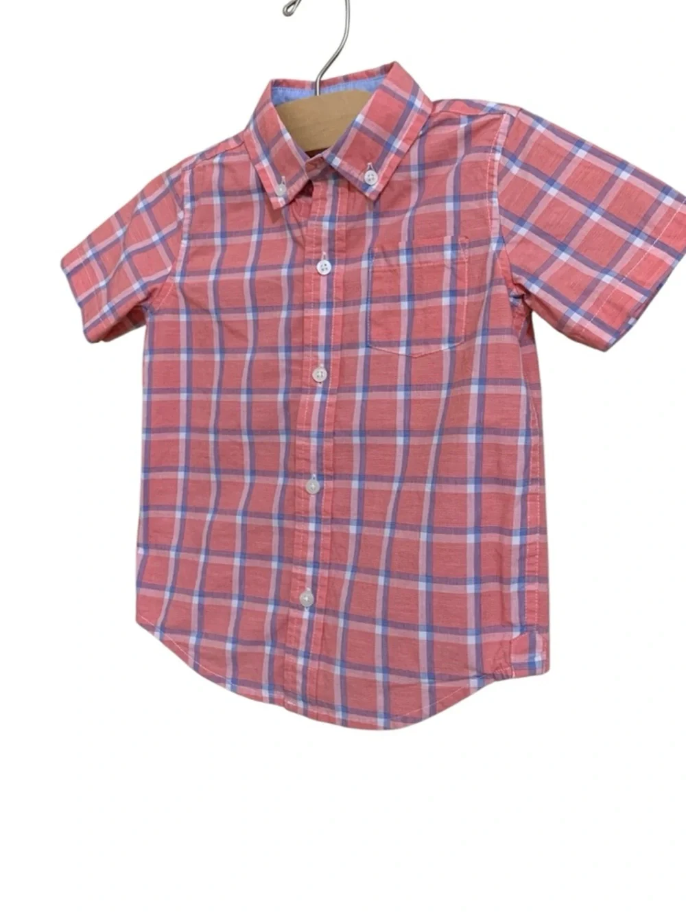 Janie‎ and Jack Button Down Shirt Boys 3T Coral Pink Blue Plaid Short Sleeve