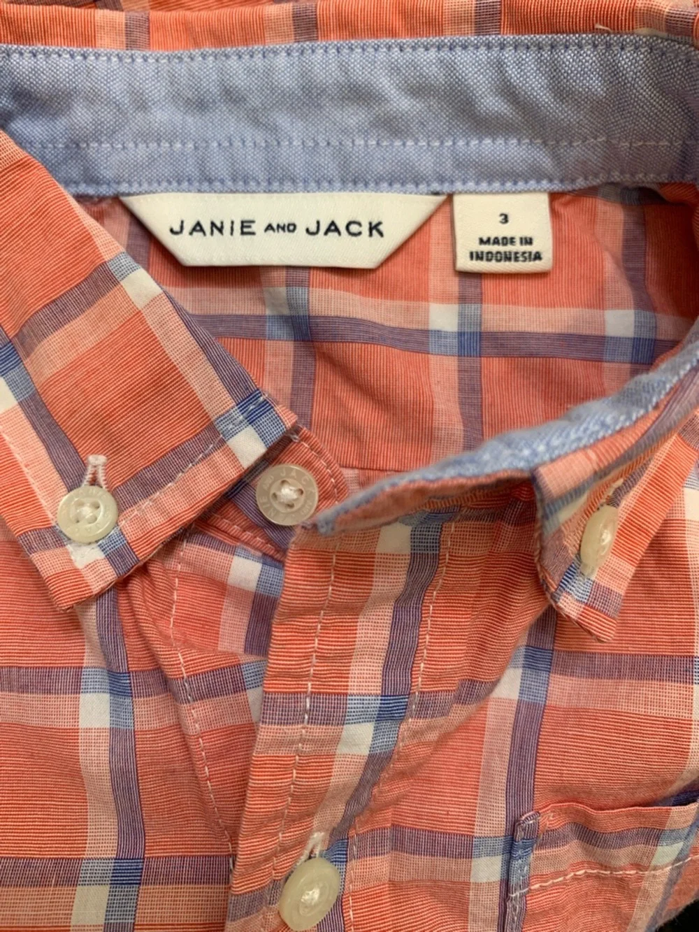 Janie‎ and Jack Button Down Shirt Boys 3T Coral Pink Blue Plaid Short Sleeve