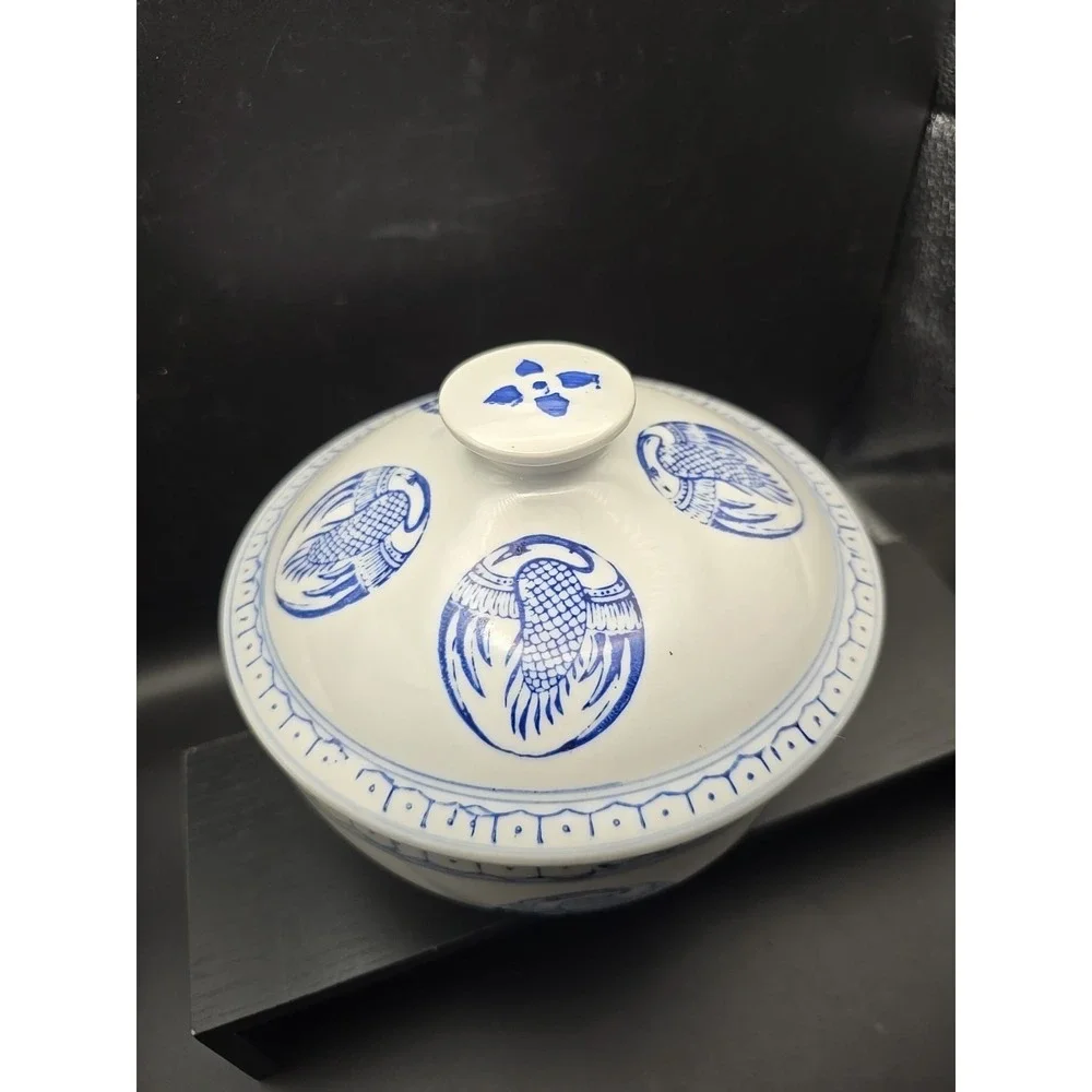 Blue and White Lidded Soup Tureen Or Rice‎ Bowl with Phoenix Crane Design