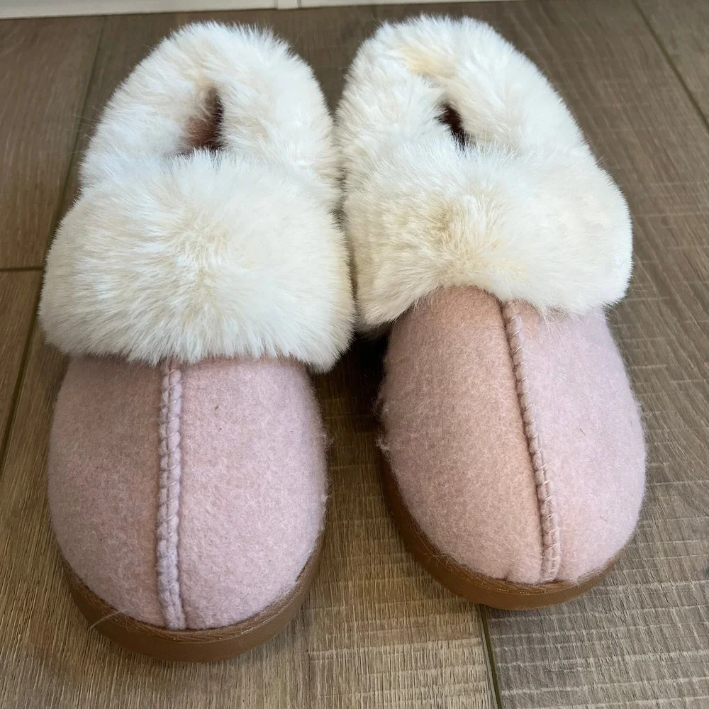 Dearfoams DLuxe Kids Slippers Pink Faux Fur Trim Scuff‎ Small US 5-6 EU 36-37