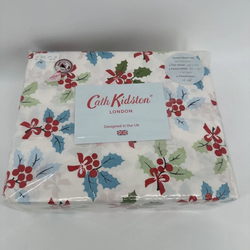 NEW Cath Kidston London Christmas Holly Queen Sheet Set 4 Pc Holiday Cozy White‎