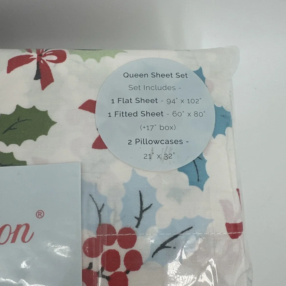 NEW Cath Kidston London Christmas Holly Queen Sheet Set 4 Pc Holiday Cozy White‎