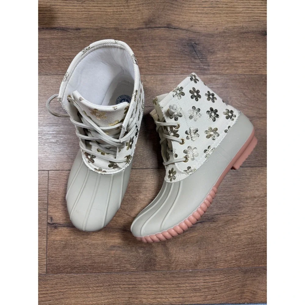 Simply Southern Womens Size 11 Duck Boots Cream Gold Floral Metallic Lace Up‎
