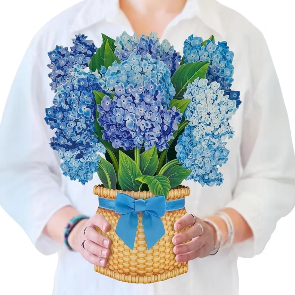 FreshCut Paper Blue Hydrangea 12 inch Pop Up Bouquet 3D Greeting Card New
