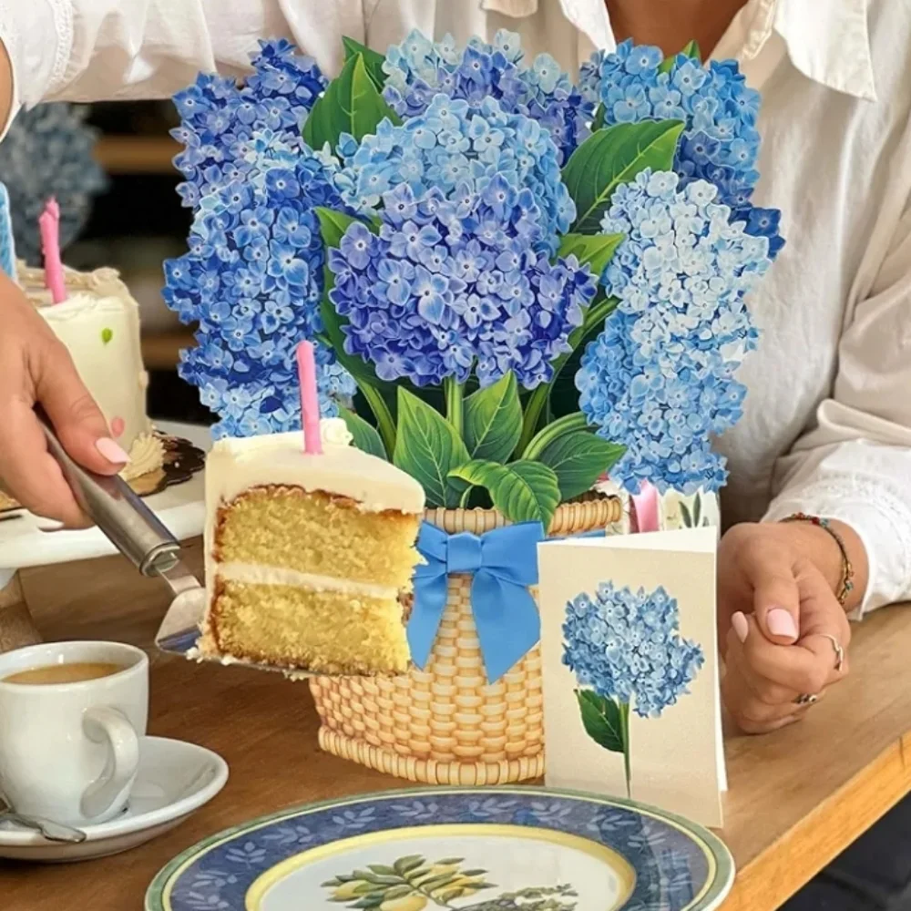 FreshCut Paper Blue Hydrangea 12 inch Pop Up Bouquet 3D Greeting Card New