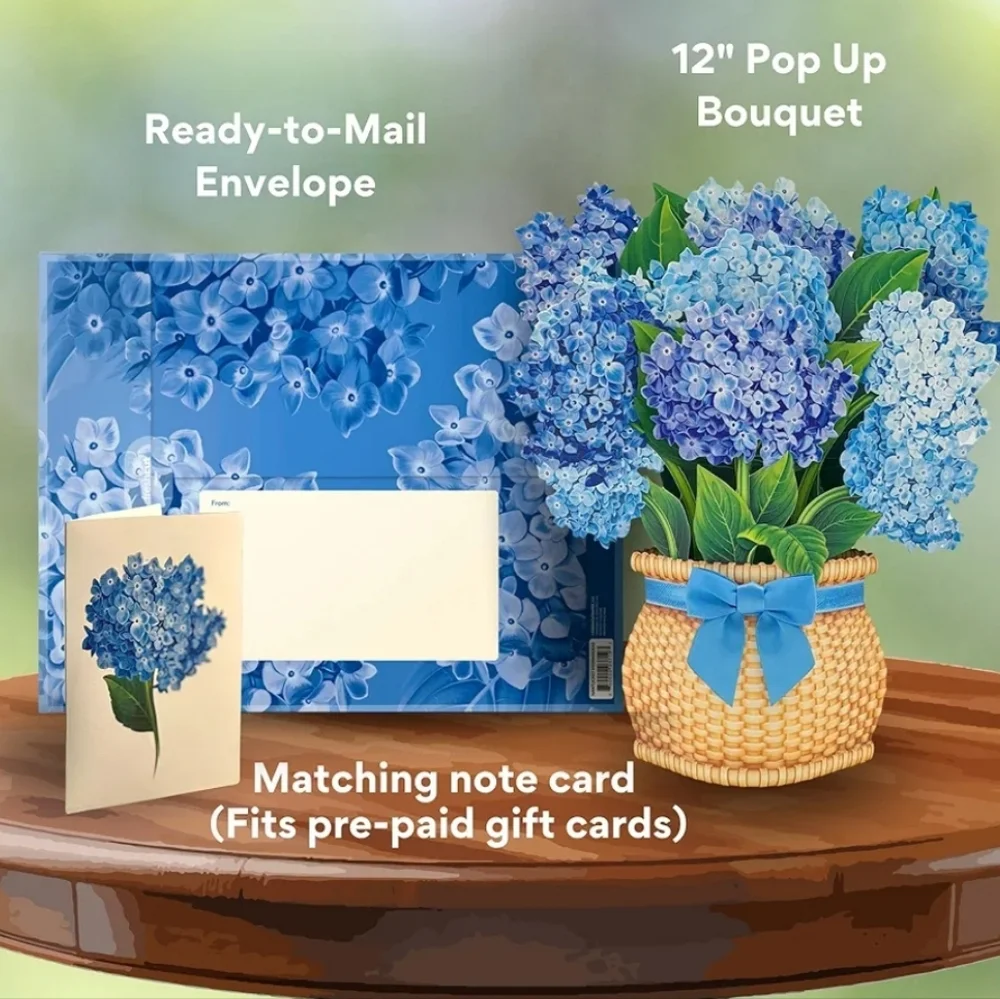 FreshCut Paper Blue Hydrangea 12 inch Pop Up Bouquet 3D Greeting Card New