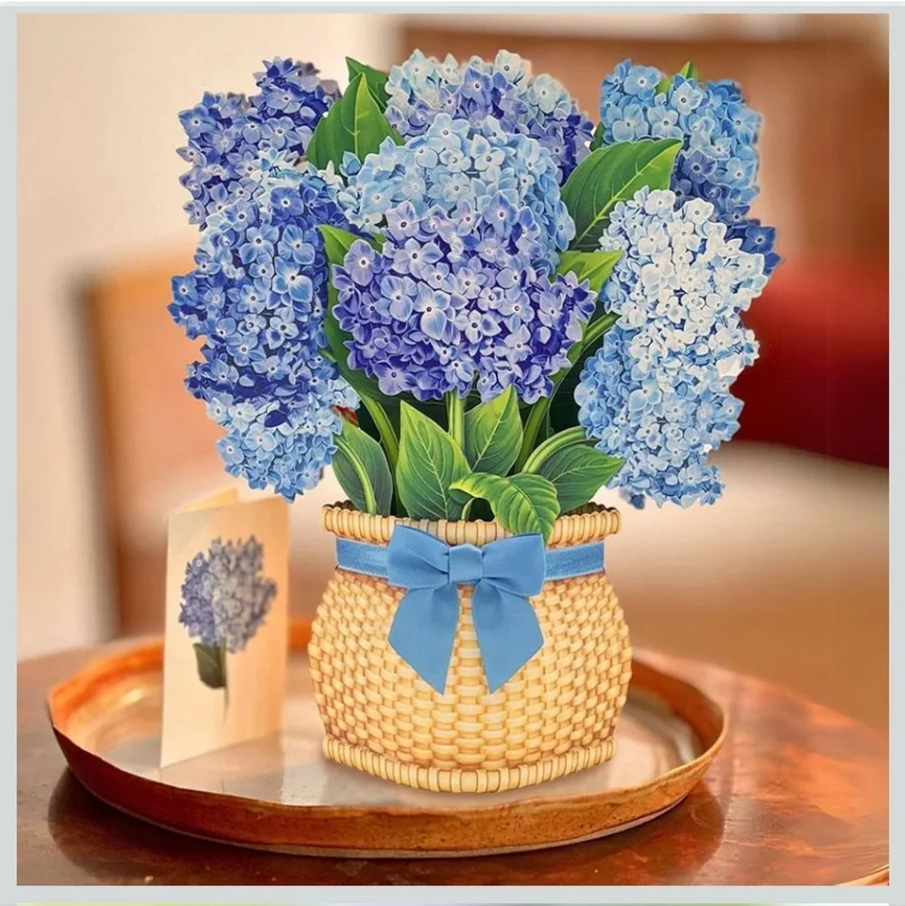 FreshCut Paper Blue Hydrangea 12 inch Pop Up Bouquet 3D Greeting Card New