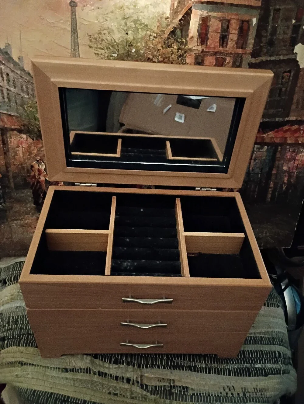 MELE- Bamboo Wood Finish Jewelry Organizer Box with Mirror Tan & Black Velvet.🏠
