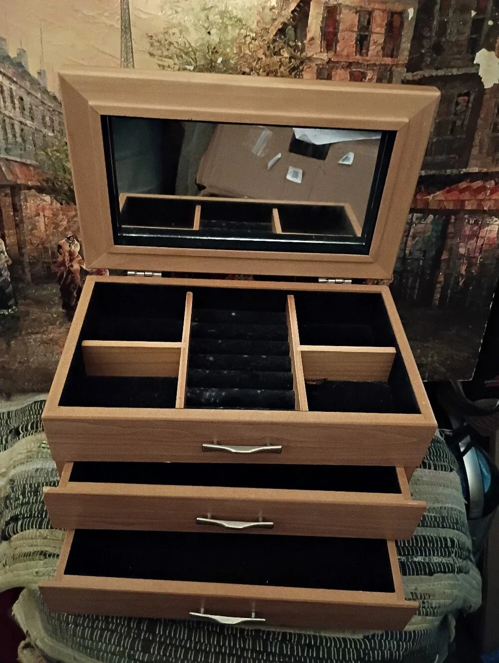 MELE- Bamboo Wood Finish Jewelry Organizer Box with Mirror Tan & Black Velvet.🏠