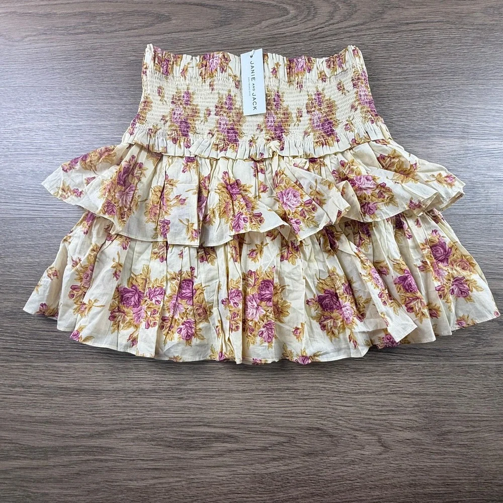 Janie and Jack Girls Floral Smocked Tiered Ruffle Skirt Cream Pink Size 16 NWT