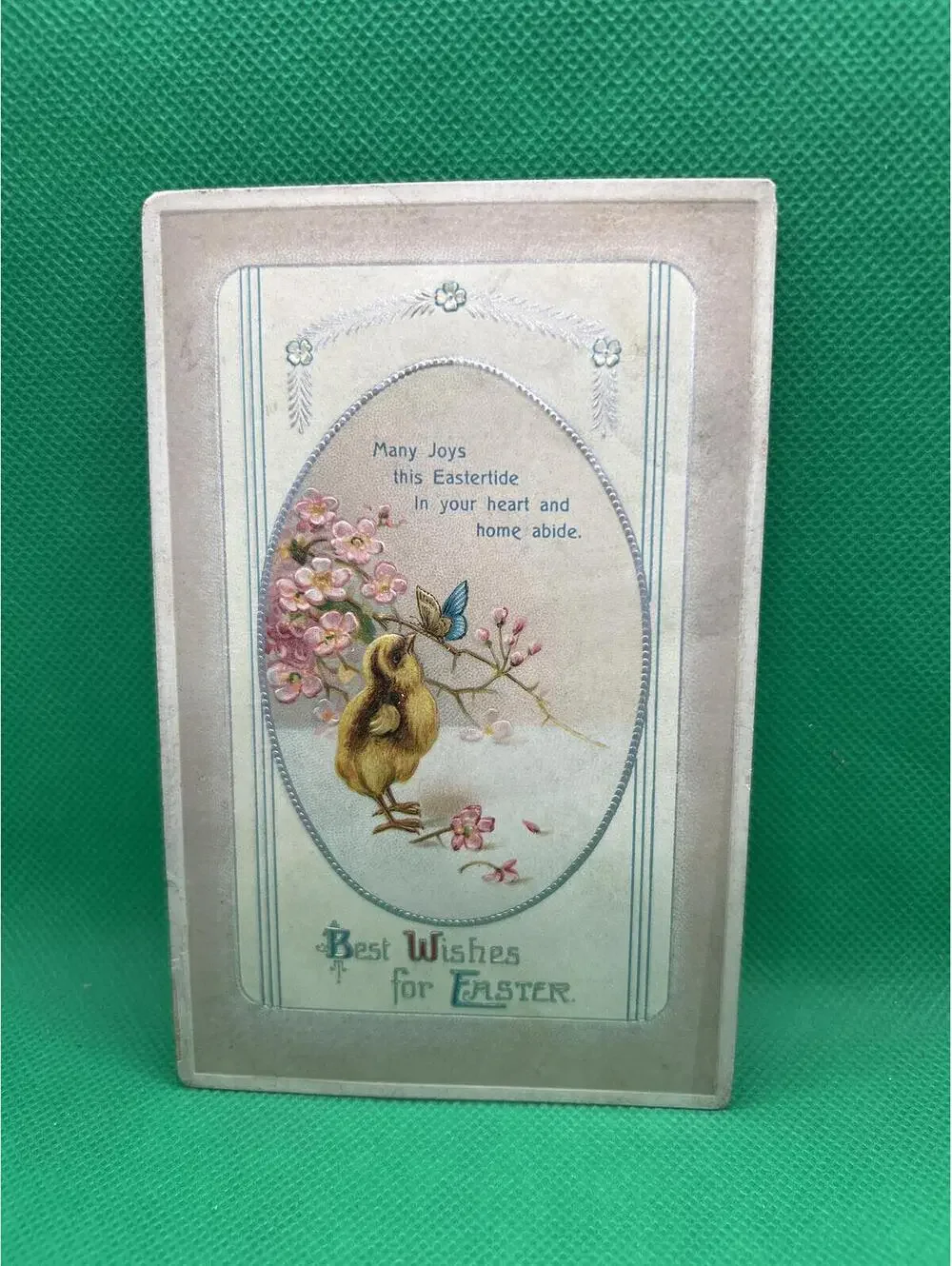 Vintage Easter Postcard with Chick and Butterfly Design =box5 -box5