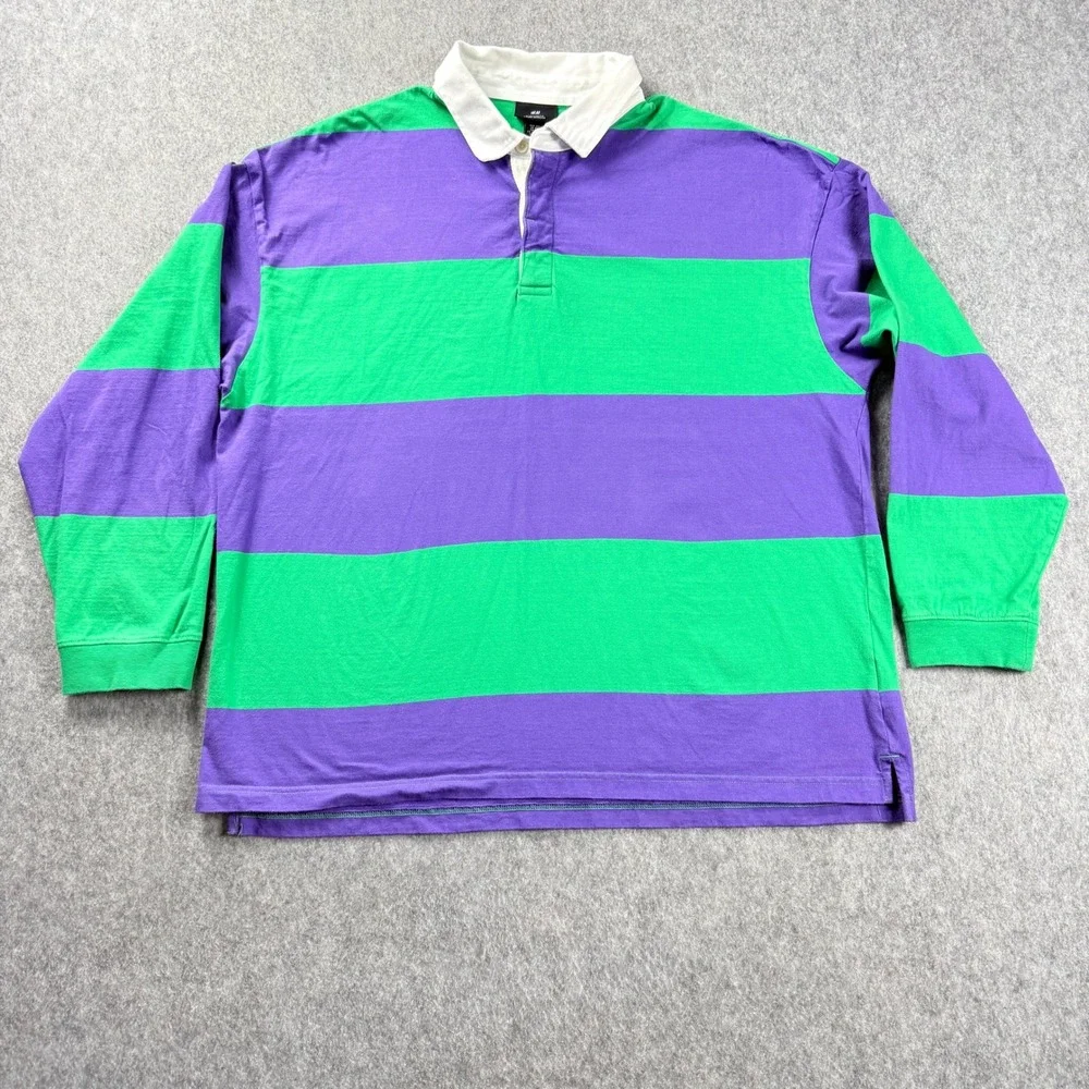 H&M Polo Shirt Mens 2XL Green Navy Stripe Rugby Long Sleeve Top 90s Style