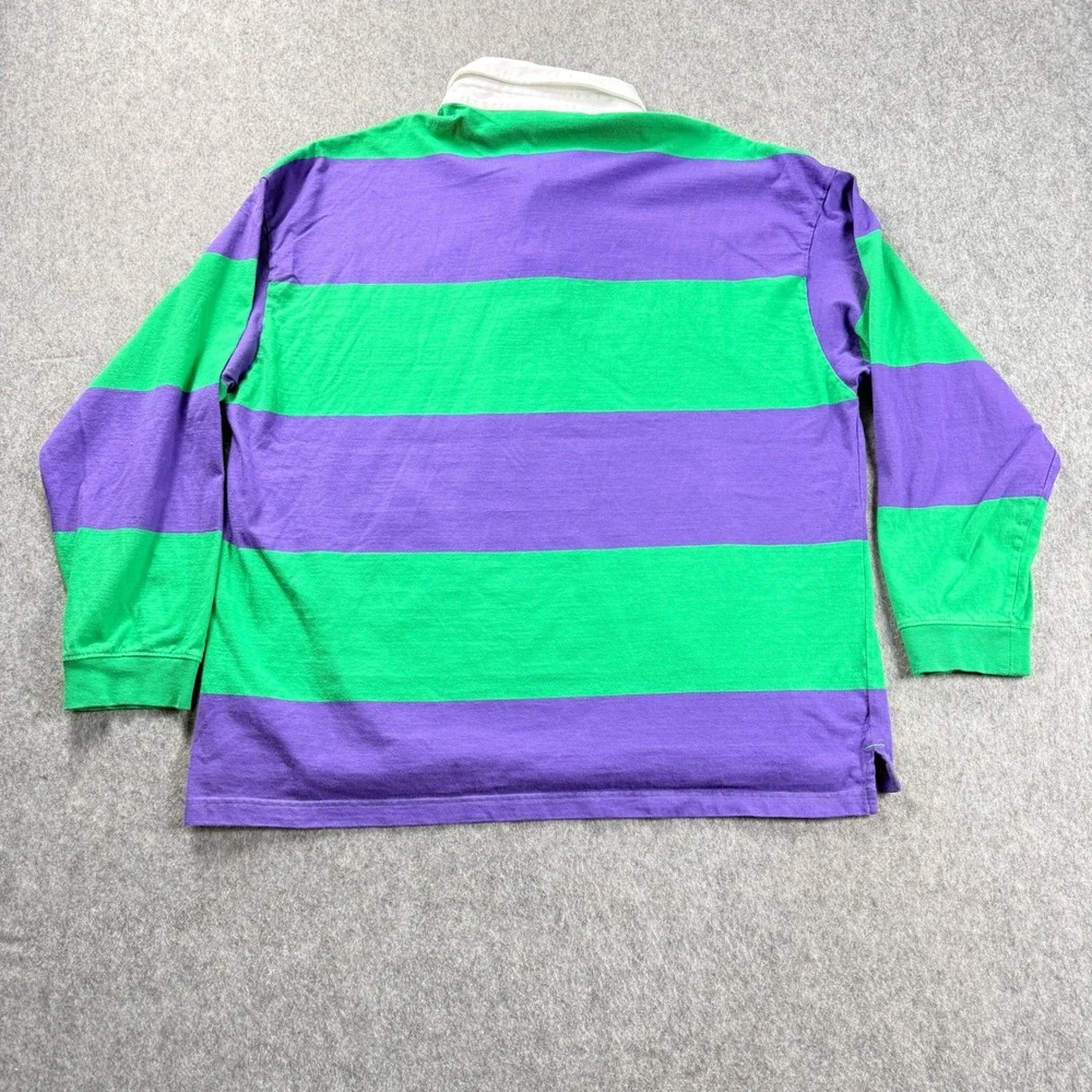 H&M Polo Shirt Mens 2XL Green Navy Stripe Rugby Long Sleeve Top 90s Style