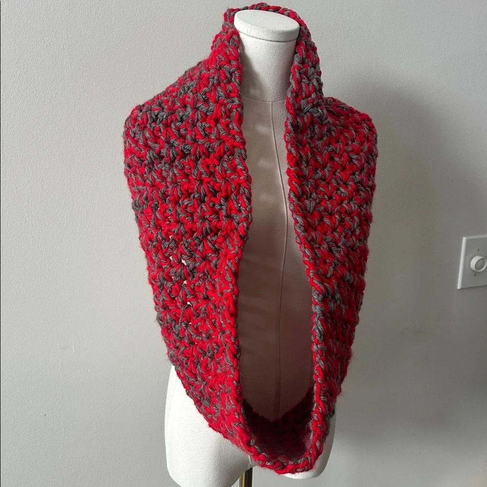 Handmade Thick Chunky Scarlet and Gray Crochet Knit‎ Infinity Winter Scarf OSU