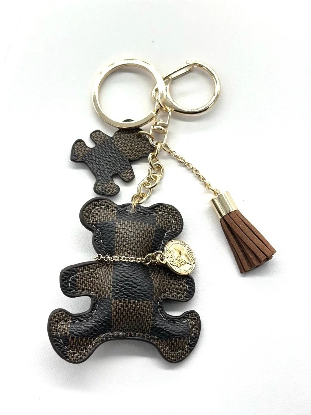 Brown & Gold Teddy Bear Keychain Bag Charm with Tassel