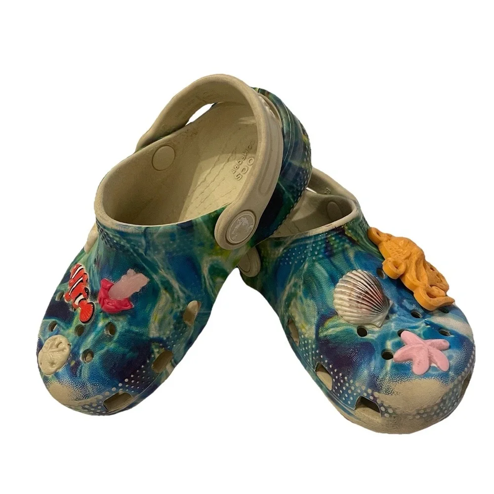 Crocs Kids Under The Sea Classic Clogs C8 Blue Ocean Marble Jibbitz Fish Shell