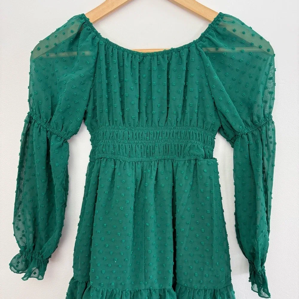 NWT Green Swiss Dot Mesh Long-Sleeve Tiered Puff Sleeve Mini Dress Girls Size 8