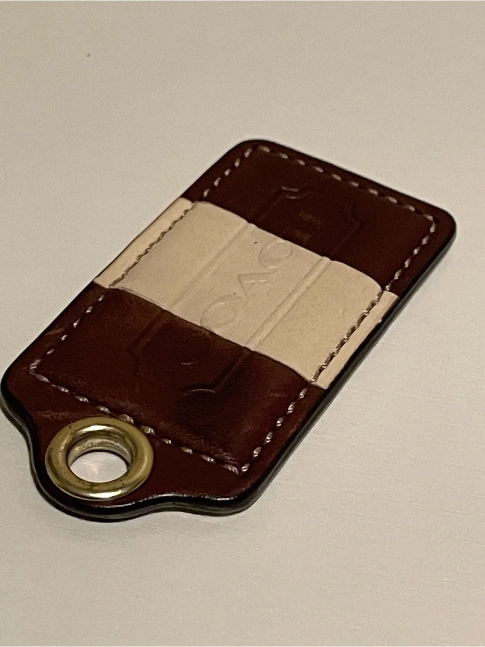 Authentic Coach Leather Key Fob with Contrast Strap - Brown & Cream