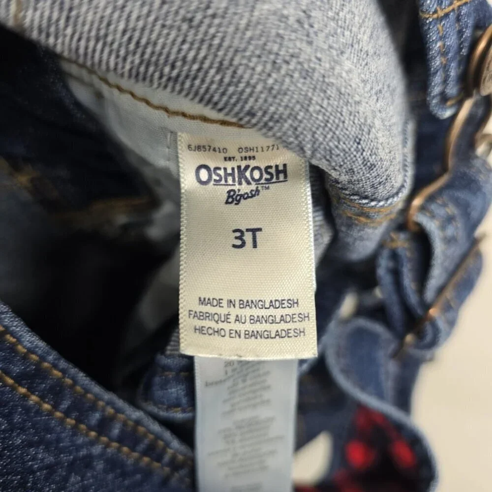Oshkosh B’Gosh Bib Overalls Size 3T Plaid Cuffs Adjustable Straps Blue Denim