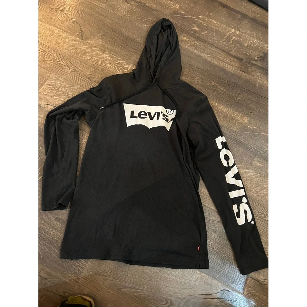Levis Mens Long Sleeve Hooded T-Shirt Black White Batwing Logo‎ Graphic Small