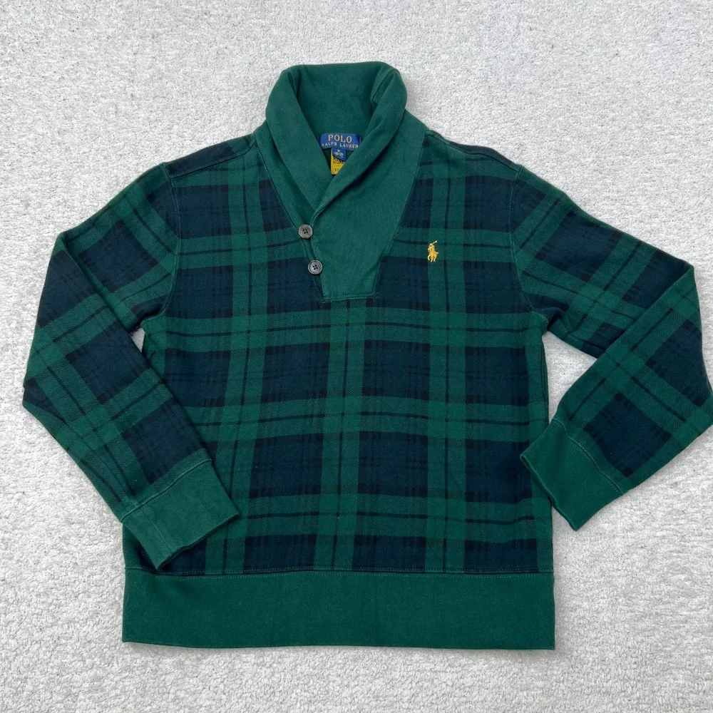 Ralph Lauren Kids Green Black Watch Plaid Mock Neck‎ Fleece Sweatshirt Boys M