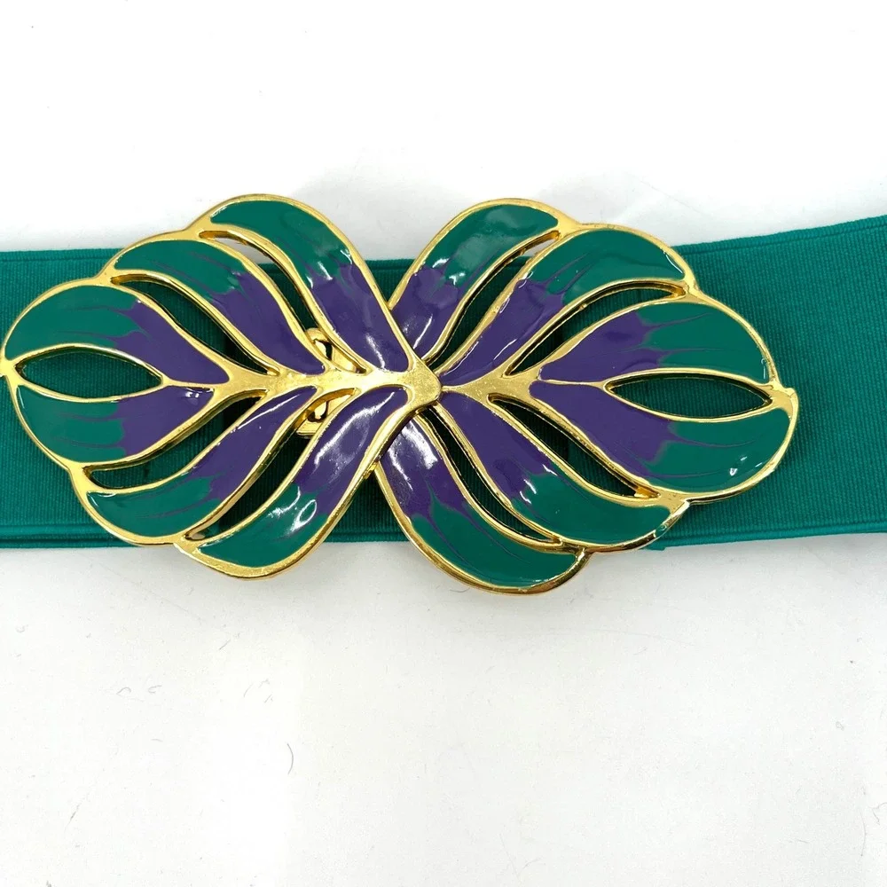 Vintage Enamel Elastic Belt‎ Gold Leaf Purple Green Size M/L Rockabilly Retro