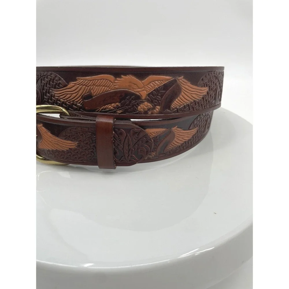 Vintage Western Belt Mens 50 Brown Top Grain Leather Tooled Eagle Brass Buckle