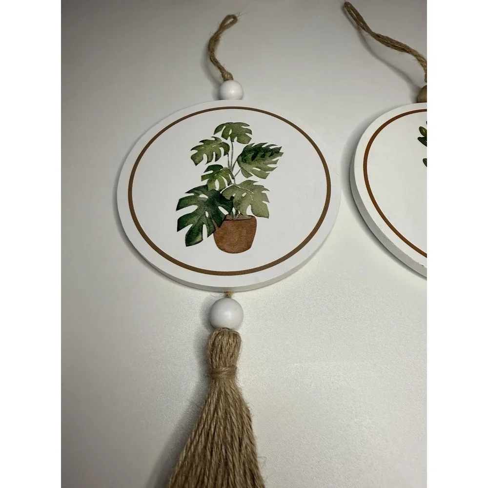 Set of 2 Wooden Plant Wall Hanging Decor Round Signs Tassel Boho Farmhouse