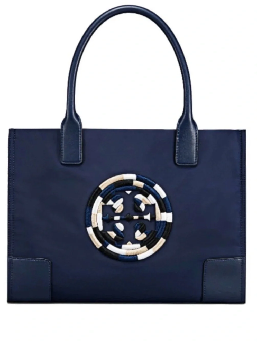 Tory Burch Ella Embroidered Logo Nylon & Leather Tote Bag. Navy