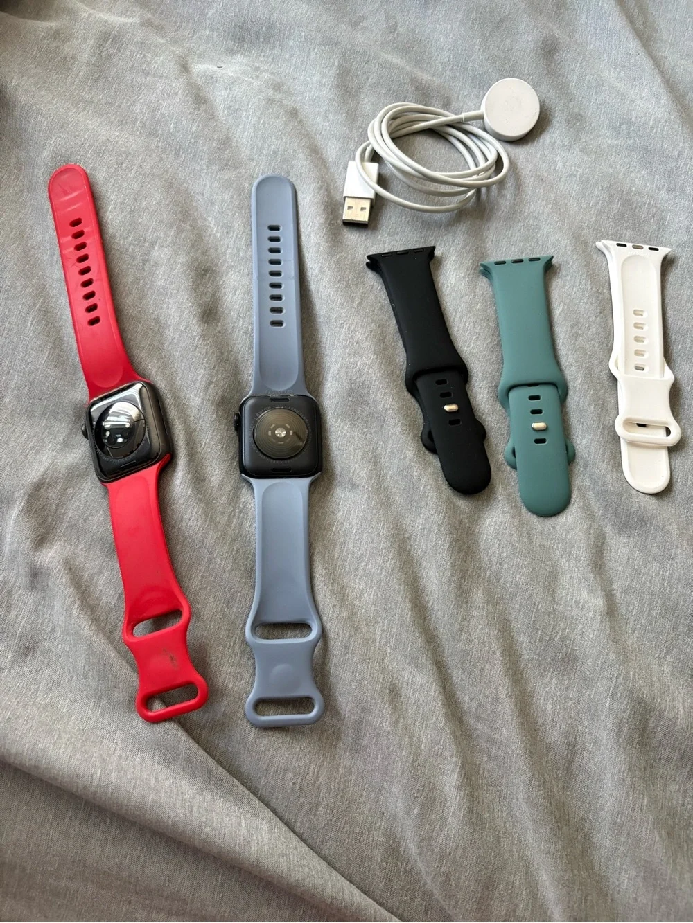Apple Smartwatch with Red & Fog Blue Bands and Extra Black, Green & White Straps